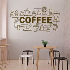 the coffee wall decal is shown in this dining room