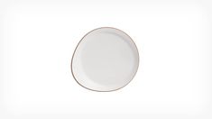 an empty white plate with gold trim on a white background, viewed from the side