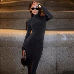 Slinky Jersey Stretch Long Sleeve Bodycon Dress In Black . Ruched In Front. Polyester Stretch Black Long Sleeve Bodycon Dress, Black Bodycon Dress Long Sleeve, Design Dresses, Sleeve Bodycon Dress, Long Black Dress, Long Sleeve Bodycon, Long Sleeve Bodycon Dress, Dresses Black, Black Long Sleeve