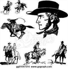 an old black and white cowboy riding on horseback with his horse in various poses, from the