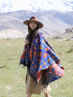 Ethnic style with hat shawl cloak Tibet travel wear photo warm outer cape Wide:130cm Length:150cm Style With Hat, Hat Shawl, Cloth Reference, Hood Cape, Tibet Travel, Diy Feather, Fringe Cape, Cosplay Idea, Hispanic Culture