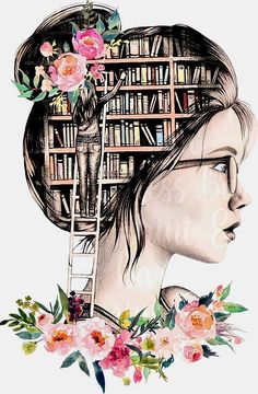 a drawing of a woman with bookshelves on her head and flowers in her hair