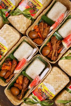 several baskets filled with different types of food