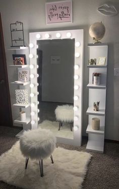 chair, rug, furniture, cabinet, mirror, leds, mirror with lights, fluffy, flowers, wall art Girl Apartment Decor, Dressing Room Decor, White Room Decor, Luxury Room Bedroom, Dekorasi Kamar Tidur, Room Redesign