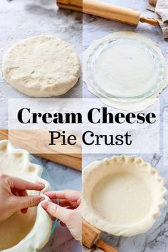 the process to make cream cheese pie crusts is shown in three pictures, including one being