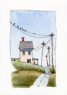 a drawing of a house with birds sitting on top of it and power lines in the background