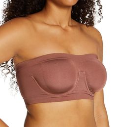 This bandeau bra features fabulous support, thanks to the underwire and compression from the advanced knit. Seamless, stretchy unlined (unpadded) underwire cups are comfortable and soft. Knit-in underband and elastic top band. give added security. Special knit-in area between cups gives extra breathability. Seamless sides for a smooth look under clothes. Strapless profile is a no-show under strapless tops. Fit Note: For a great fit that doesn't roll up and looks smoother, step into your bra, pul Eileen West, Swim Brands, Elastic Top, Top Band, Bandeau Bra, Sport Bra Top, Strapless Tops, Underwire Bra, Roll Up