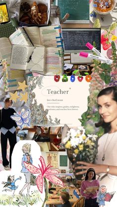 a collage of pictures with people and books on them, including an image of a teacher