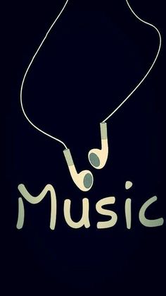 the word music written in white on a black background with headphones hanging from it