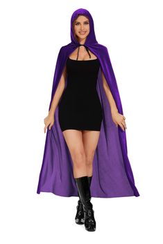 a woman in a black dress and purple cape is posing for the camera with her hands on her hips