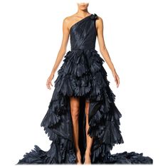 2000S Navy Blue Dramatic Silk Taffeta Trained Gown Covered In Pleated Ruffles Couture Ruffled Gown For Gala, Couture Gala Gown With Ruffles, Taffeta Evening Dress With Ruffles For Gala, Couture Evening Gown With Ruffles, Taffeta Gala Gown With Ruffles, Couture Floor-length Ruffled Gown, Taffeta Ruffled Gown For Gala, Taffeta Gown With Ruffles For Gala, Evening Couture Gown With Ruffles