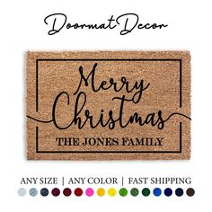 merry christmas door mat with the words merry christmas and an image of a family on it