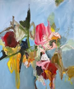 an abstract painting of flowers in a vase