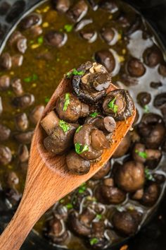 a wooden spoon filled with mushrooms and broth