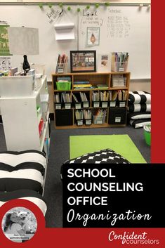 a classroom with black and white striped chairs, bookshelves, and desks