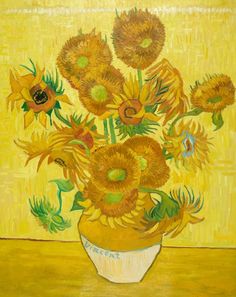 a painting of sunflowers in a vase on a table