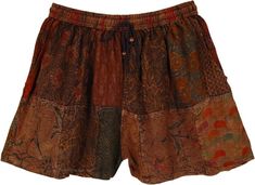 Feeling confident with these fiery shorts! The multi-pattern cotton shorts are perfect for the summertime, they come with an elastic drawstring waist for comfort and two pockets for storing essentials. The overall size runs a bit small. #tlb #Patchwork #Stonewash #Pocket #vacationclothing #Fall #Paisley #bohemianfashion #Cottonhalfpants #Unisexbohopants #Bohocargopants Festival Shorts With Elastic Waistband, Bohemian Shorts With Elastic Waistband, Casual Multicolor Shorts For Festival, Casual Multicolor Festival Shorts, Brown Cotton Drawstring Shorts, Brown Cotton Shorts For Beach, Cotton Beachwear Shorts For Festival, Multicolor Drawstring Shorts, Brown Bohemian Shorts For Summer