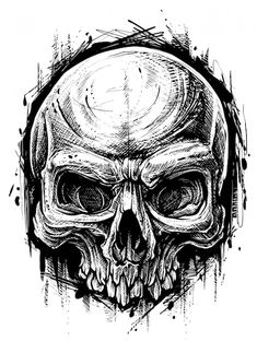 a black and white drawing of a skull with an eye patch on it's forehead