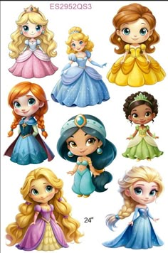 disney princesses with different hair styles and their name on the back of each one