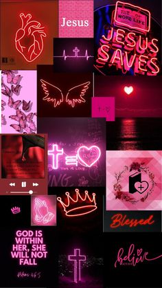 various neon signs are shown in this collage with the words jesus saves on them