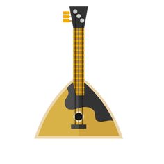 an illustration of a long necked guitar on a yellow and black background, with the strings down