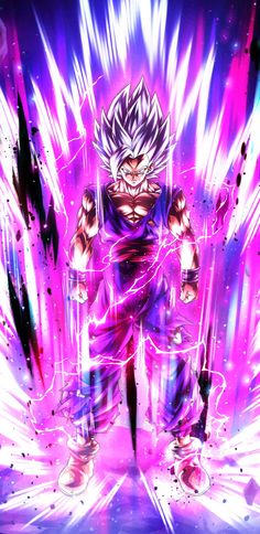 the dragon ball super saishi is standing in front of purple and blue lights with his arms outstretched