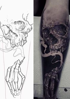 two different tattoos on one arm and the other with a skull in it's lower half