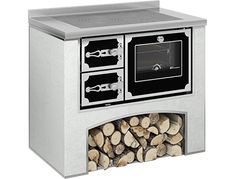 a white oven with logs in front of it and the door open to show what is inside