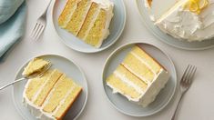 three slices of cake on plates with forks and napkins next to each other,