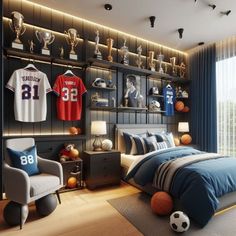 a sports themed bedroom is shown in this artist's rendering