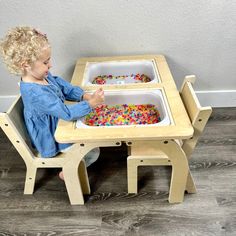 Our sensory table encourages tactile exploration and learning! This intuitive activity table is perfect for all types of sensory play. The table is truly multi-use, it's perfect for arts and crafts. Or lunch with friends real or stuffed.  The minimalist design is a great fit for any style of interior. Made from a one-piece solid, Baltic Birch top and finished with a durable, easy-to-clean finish this table is built stronger and more durable than the competitors. Our table is crafted in America w Water And Sand Table, Playroom Chairs, Ikea Trofast Storage, School Environment, Kids Desks, Ikea Trofast, Kids Play Kitchen, Toddler Table, Playdough Kits