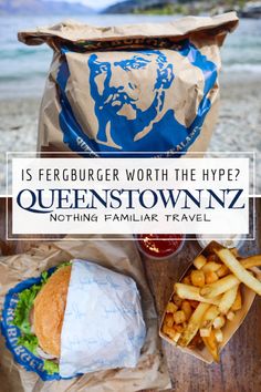 a hamburger and fries on the beach with text overlay reading is fergugger worth the hype? queenstown nz notting familiar travel