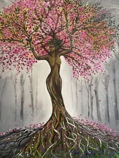 a painting of a tree with pink flowers on it's trunk and roots in the foreground