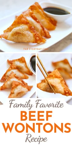 family favorite beef wontons recipe on a plate with dipping sauce and chopsticks