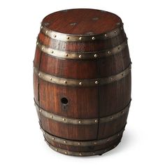 an old wooden barrel with metal rivets on the top and bottom, isolated against a white background