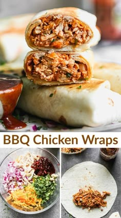 the bbq chicken wraps are stacked on top of each other and ready to be eaten