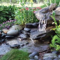 a garden with rocks and water flowing from it