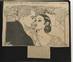 an old newspaper with a drawing of a man kissing a woman's face on it