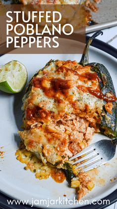 stuffed poblano peppers on a plate with a fork