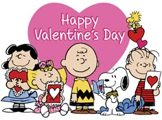 the peanuts gang in front of a heart with valentine's day written on it