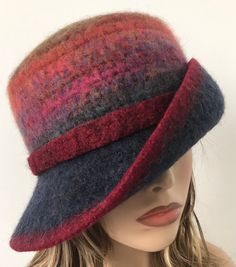 Wine and Charcoal Felted Wool Cloche Hat with Wide Brim, Stylish Winter Felted Hat, handmade in your size Stylish Winter Hats, Art Deco Hats, Wide Brim Felt Hat, Felted Hats, Wool Cloche Hat, Felted Hat, Felt Yarn, Hat Art, One Finger