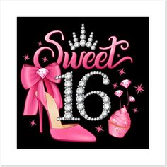 a pink shoe and cupcake with the words sweet 16