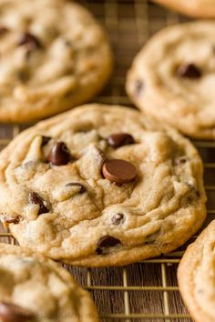 chocolate chip cookies cooling on a wire rack