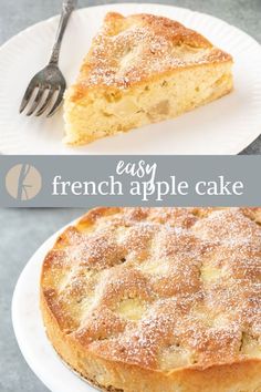 an easy french apple cake on a white plate with a fork next to the pie