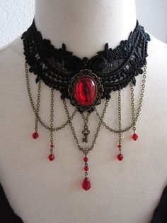 Black And Red Jewelry, Blood Choker, Blood Jewelry, Vampire Choker, Red And Black Necklace, Victorian Choker Necklace, Gothic Necklaces, White Lace Choker, Victorian Choker