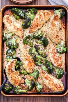 chicken and broccoli in a casserole dish ready to be served for dinner