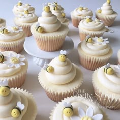 cupcakes decorated with white frosting and yellow bee decorations