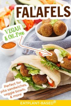 an advertisement for vegan and oil free falafels