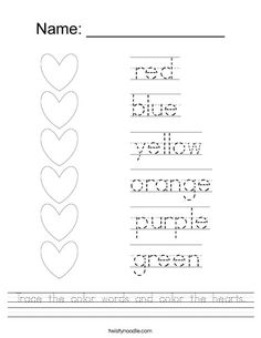 trace the colors and color the hearts worksheet for kids to practice their handwriting skills