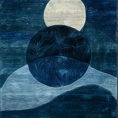 an abstract painting with blue and white colors on the bottom, in front of a full moon